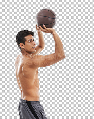 Buy stock photo Exercise, basketball and a sports man shooting a shot isolated on a transparent background for training. Fitness, health and the body of a shirtless young athlete on PNG to aim or score with a ball