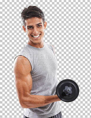 Buy stock photo Muscle, bodybuilder and man with weightlifting and dumbbell for fitness isolated on png transparent background. Flexing biceps in portrait, strong athlete in gym with exercise and workout with power