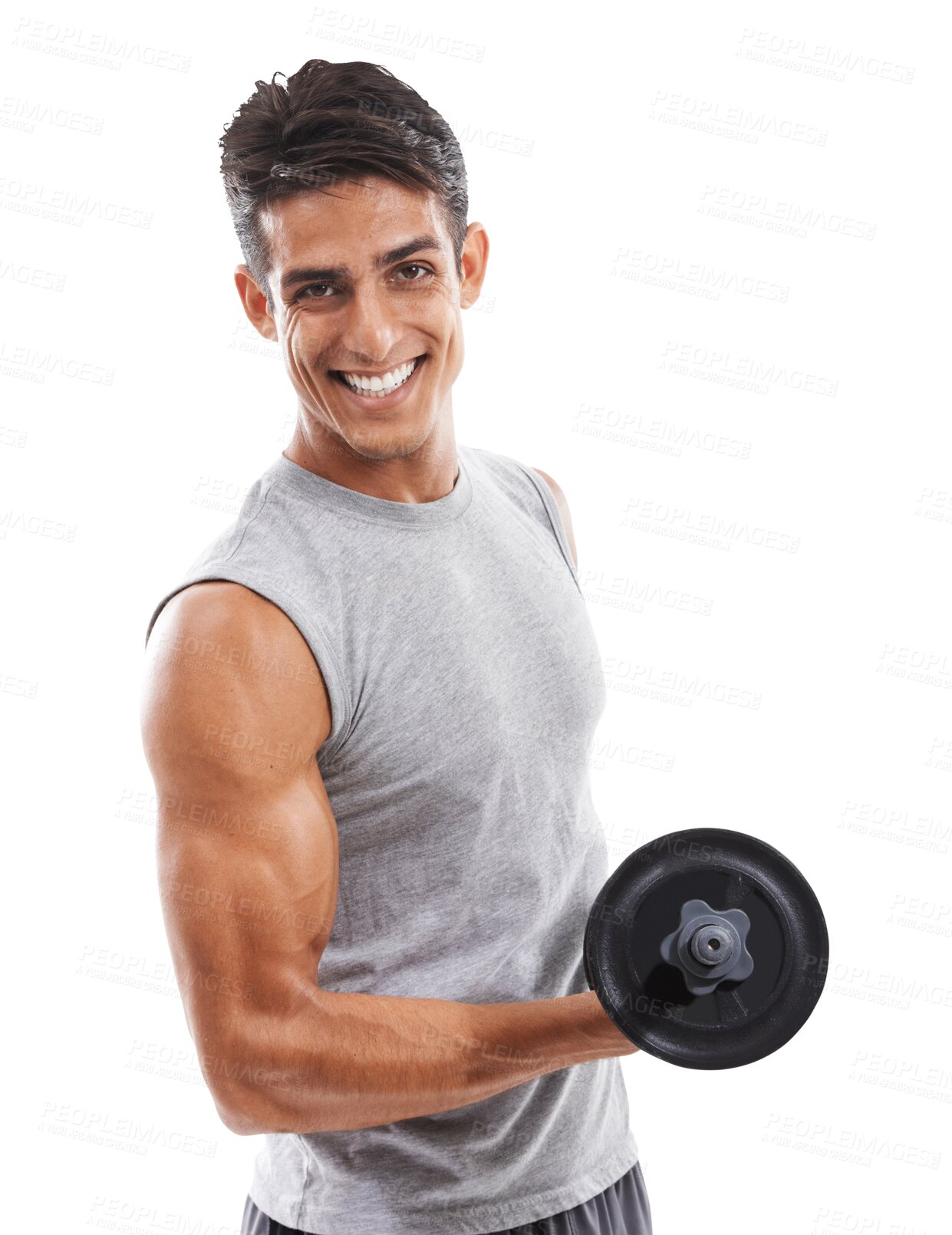 Buy stock photo Muscle, bodybuilder and man with weightlifting and dumbbell for fitness isolated on png transparent background. Flexing biceps in portrait, strong athlete in gym with exercise and workout with power