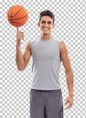 Buy stock photo Portrait, training and basketball with a sports man isolated on a transparent background for exercise. Fitness, smile and balance with a happy young athlete spinning a ball on PNG for health