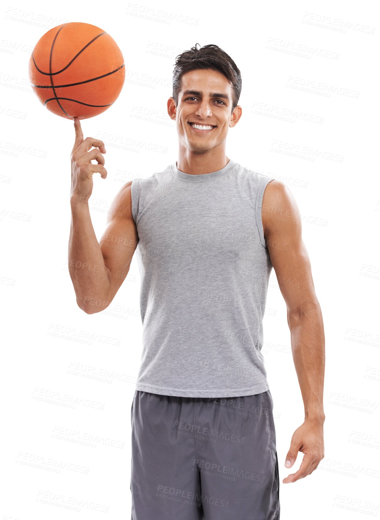 Buy stock photo Portrait, training and basketball with a sports man isolated on a transparent background for exercise. Fitness, smile and balance with a happy young athlete spinning a ball on PNG for health