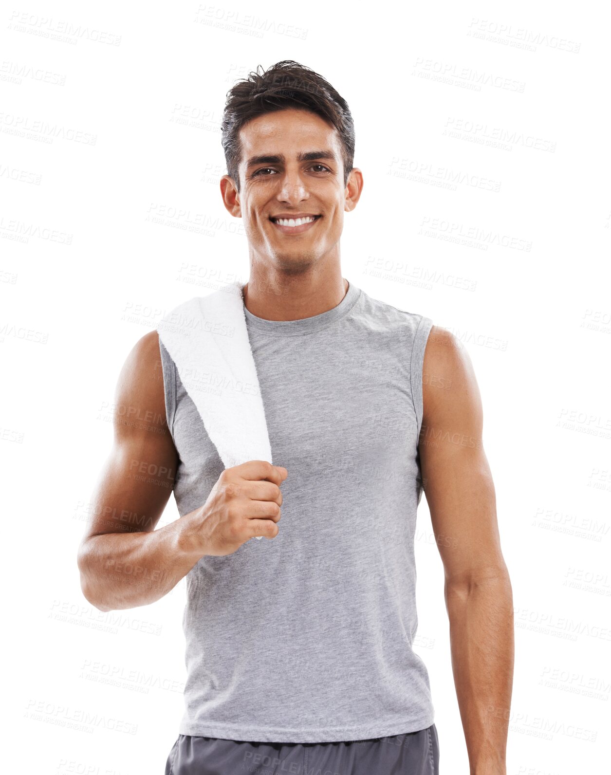 Buy stock photo Happy man, portrait and fitness with sweat towel for exercise isolated on a transparent PNG background. Active male person smile in workout, training or ready for gym practice, sport or body building