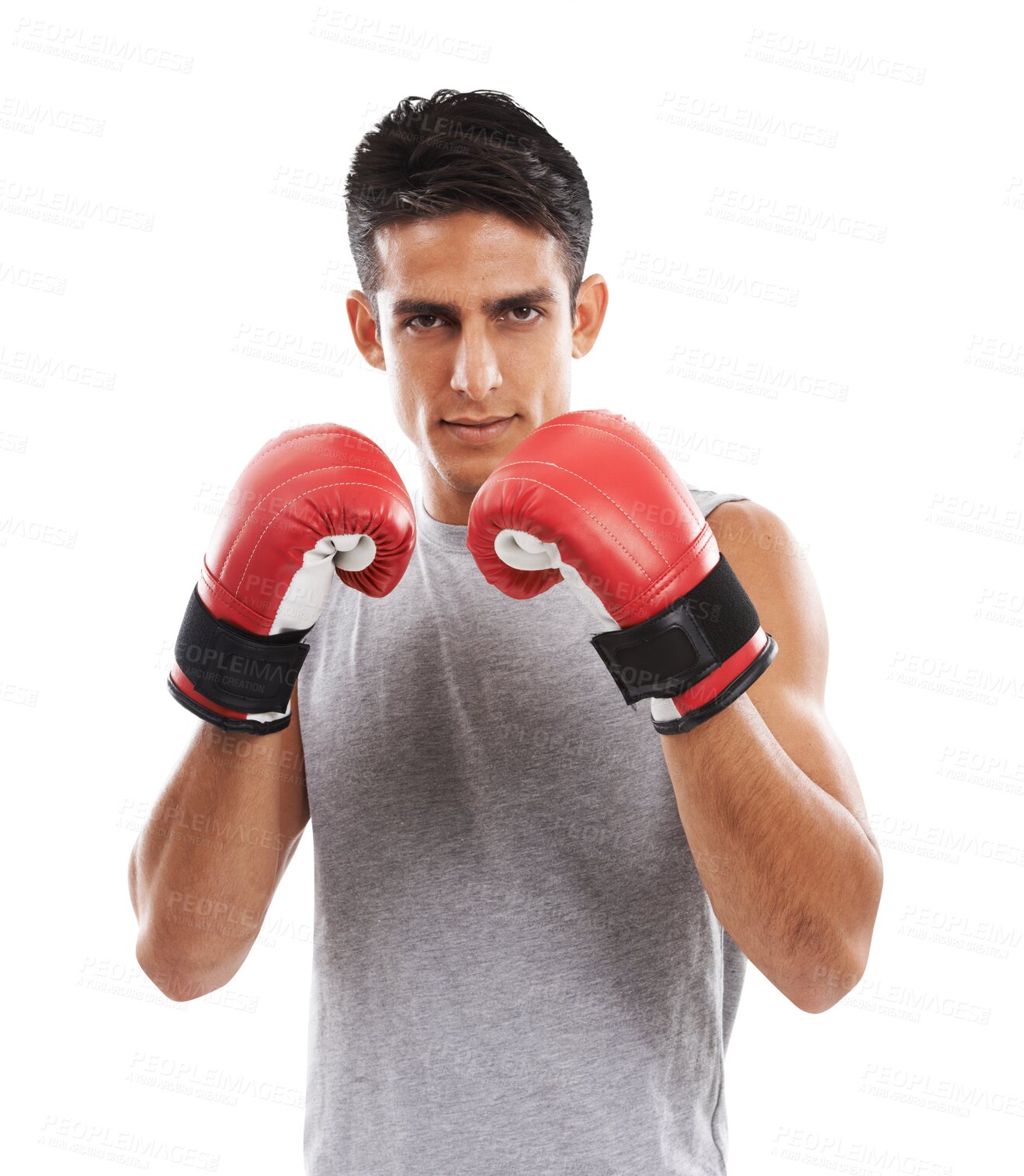 Buy stock photo Serious man, portrait and boxer in fighting, training or exercise isolated on a transparent PNG background. Male person with boxing gloves ready for MMA martial arts, workout or self defense practice