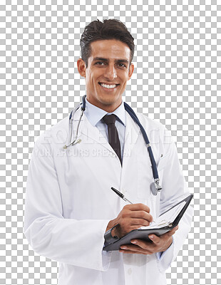 Buy stock photo Happy man, portrait and doctor writing prescription or notes isolated on a transparent PNG background. Male person, medical or healthcare surgeon with book in schedule planning, results or diagnosis