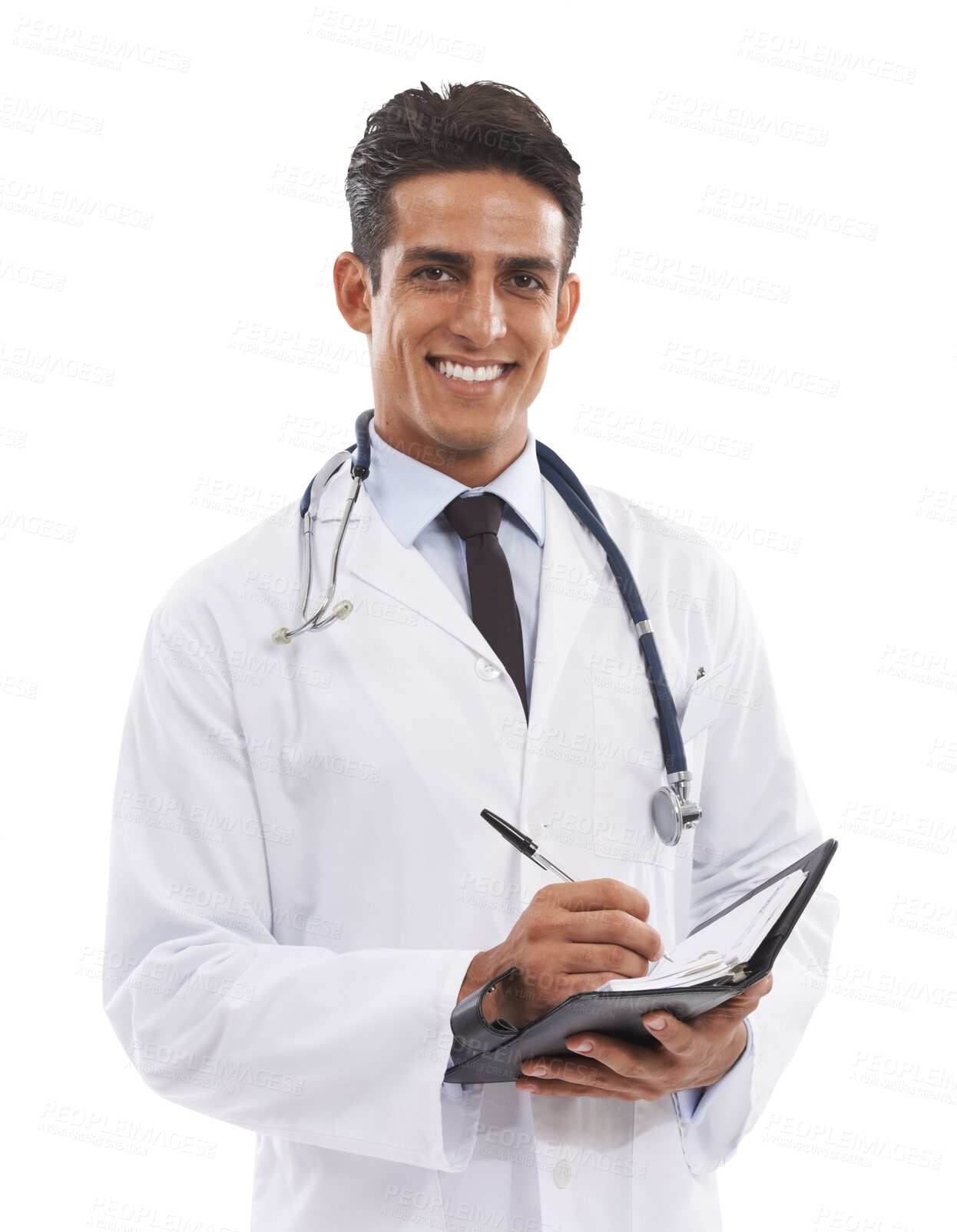 Buy stock photo Happy man, portrait and doctor writing prescription or notes isolated on a transparent PNG background. Male person, medical or healthcare surgeon with book in schedule planning, results or diagnosis