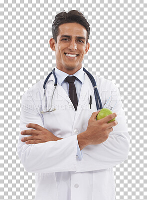 Buy stock photo Doctor, apple and portrait with arms crossed in healthcare isolated on a transparent png background. Male medical expert, confidence and nutrition for diet results in weight loss with food or advice 