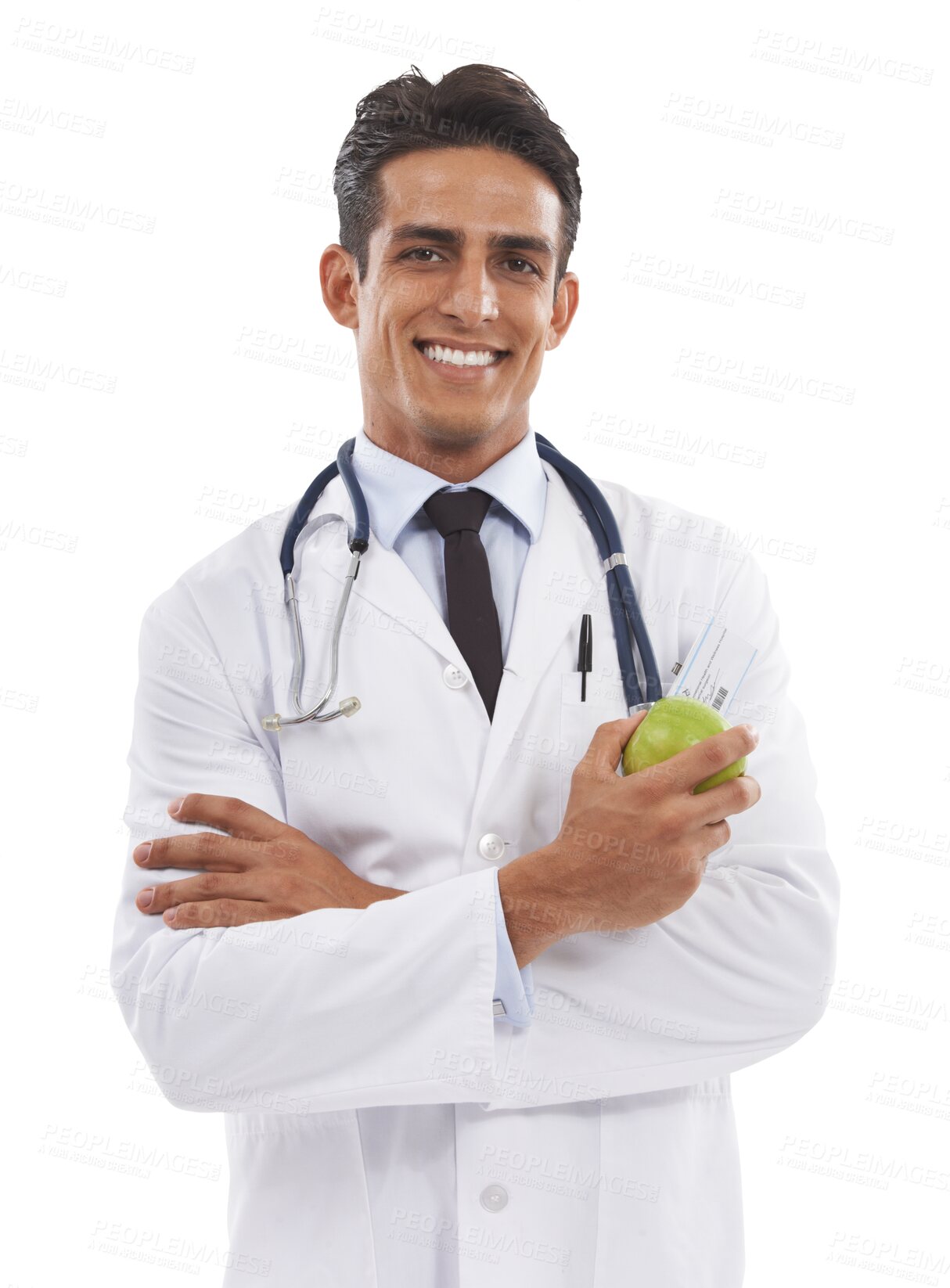 Buy stock photo Doctor, apple and portrait with arms crossed in healthcare isolated on a transparent png background. Male medical expert, confidence and nutrition for diet results in weight loss with food or advice 