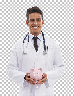 Buy stock photo Happy man, portrait and doctor with piggy bank for savings isolated on a transparent PNG background. Male person or medical healthcare surgeon with piggybank in financial investment, profit or growth