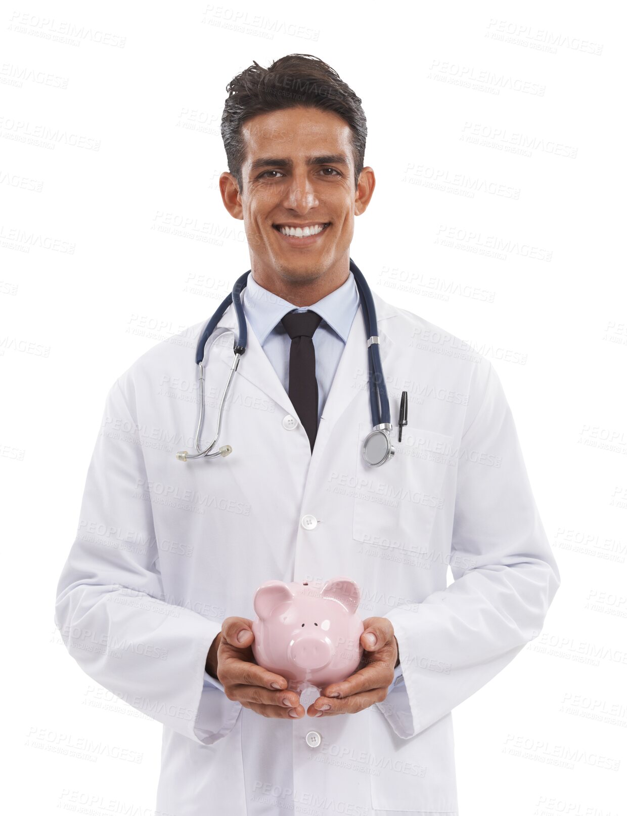 Buy stock photo Happy man, portrait and doctor with piggy bank for savings isolated on a transparent PNG background. Male person or medical healthcare surgeon with piggybank in financial investment, profit or growth