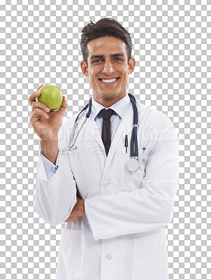 Buy stock photo Happy man, portrait and doctor with apple in diet or healthy eating isolated on a transparent PNG background. Male person, medical or healthcare surgeon smile with natural organic fruit for nutrition