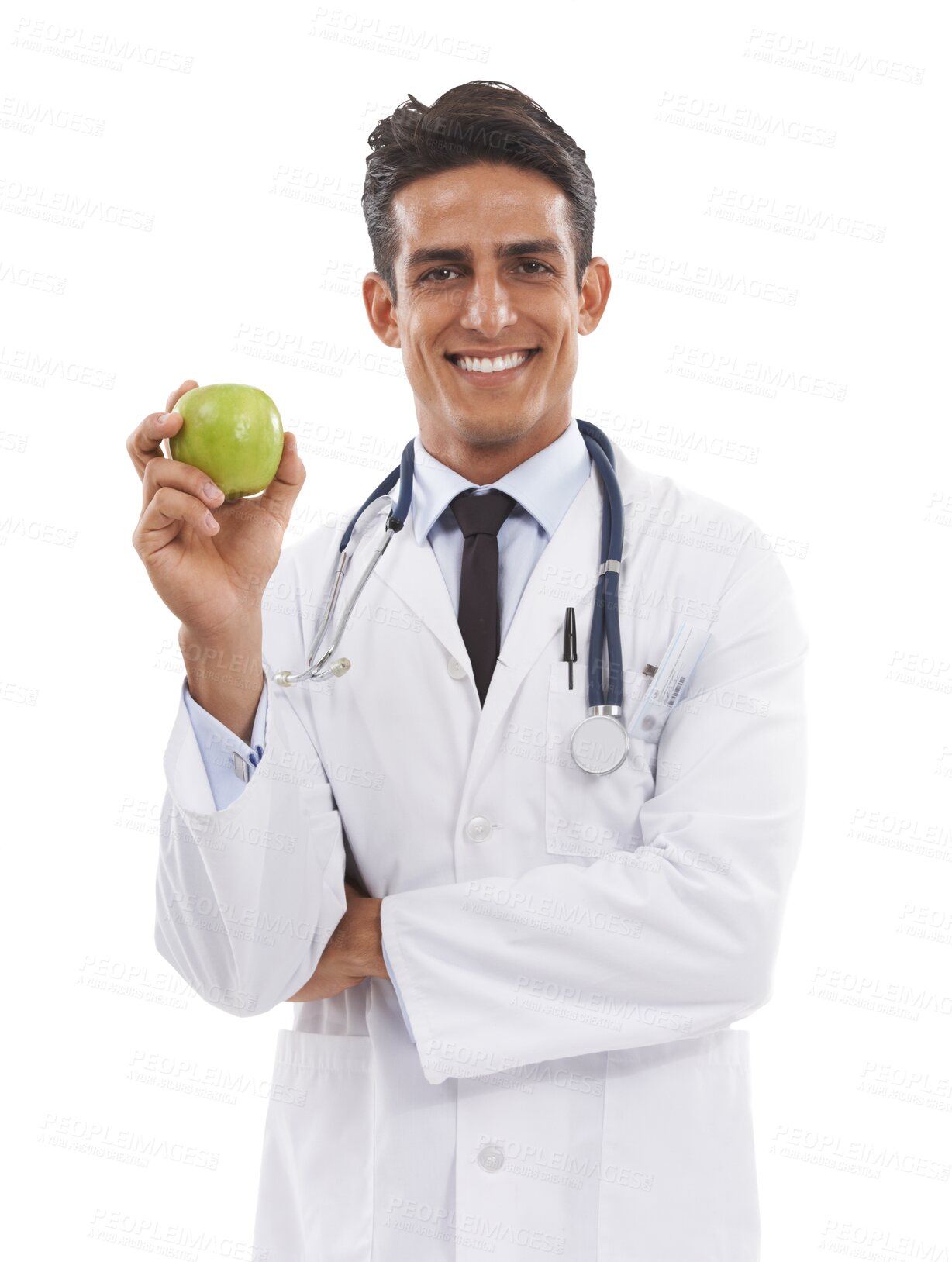 Buy stock photo Happy man, portrait and doctor with apple in diet or healthy eating isolated on a transparent PNG background. Male person, medical or healthcare surgeon smile with natural organic fruit for nutrition