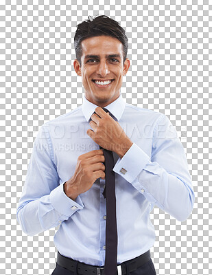 Buy stock photo Portrait, business and man touching his tie, smile and ambition isolated on a transparent background. Face, person and employee with success, career and entrepreneur with startup, png and accountant