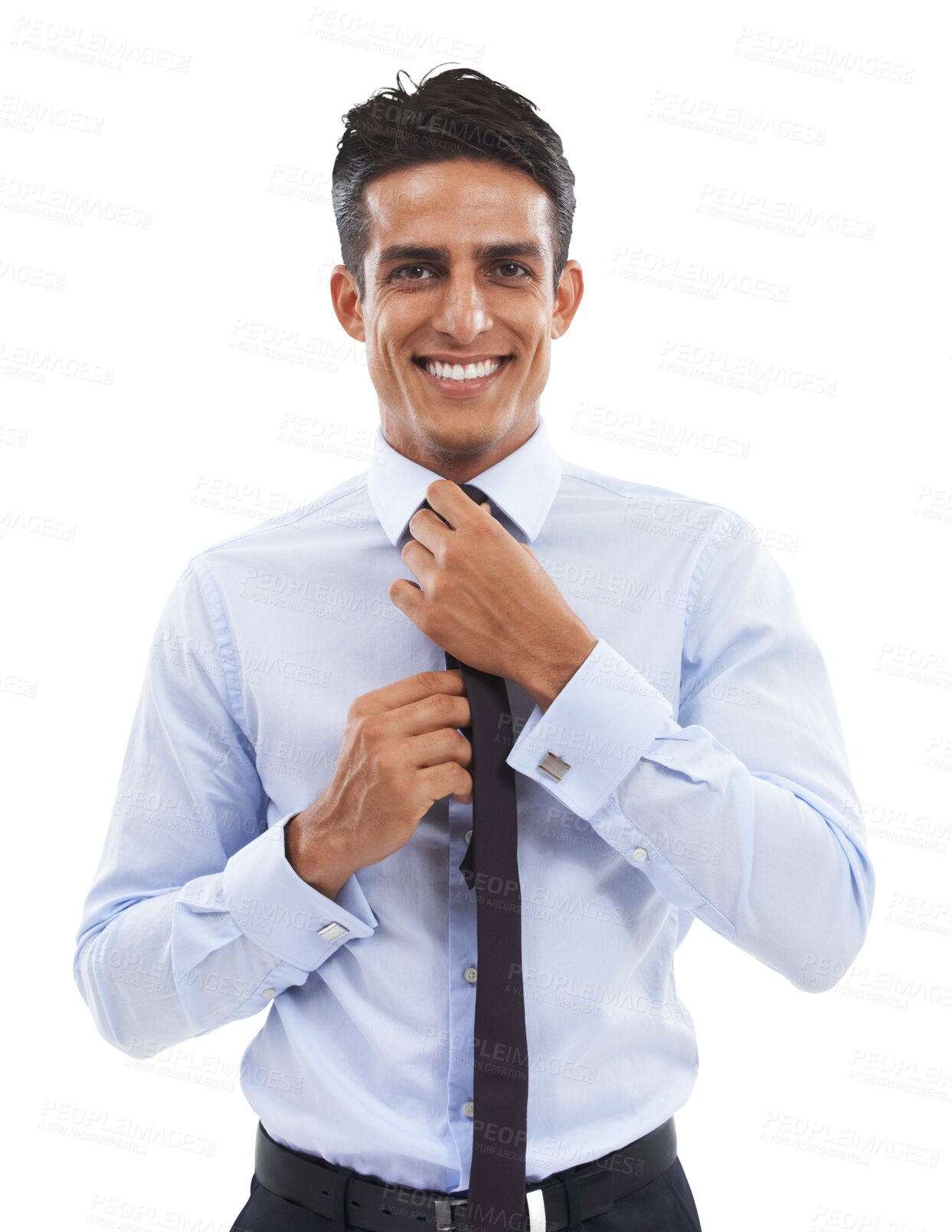 Buy stock photo Portrait, business and man touching his tie, smile and ambition isolated on a transparent background. Face, person and employee with success, career and entrepreneur with startup, png and accountant