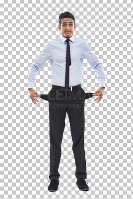 Buy stock photo Man, portrait and empty pockets as poor with debt or financial stress isolated on transparent png background. Unemployed male, sad and economy or bankruptcy in 
fear of stock market crash or failure
