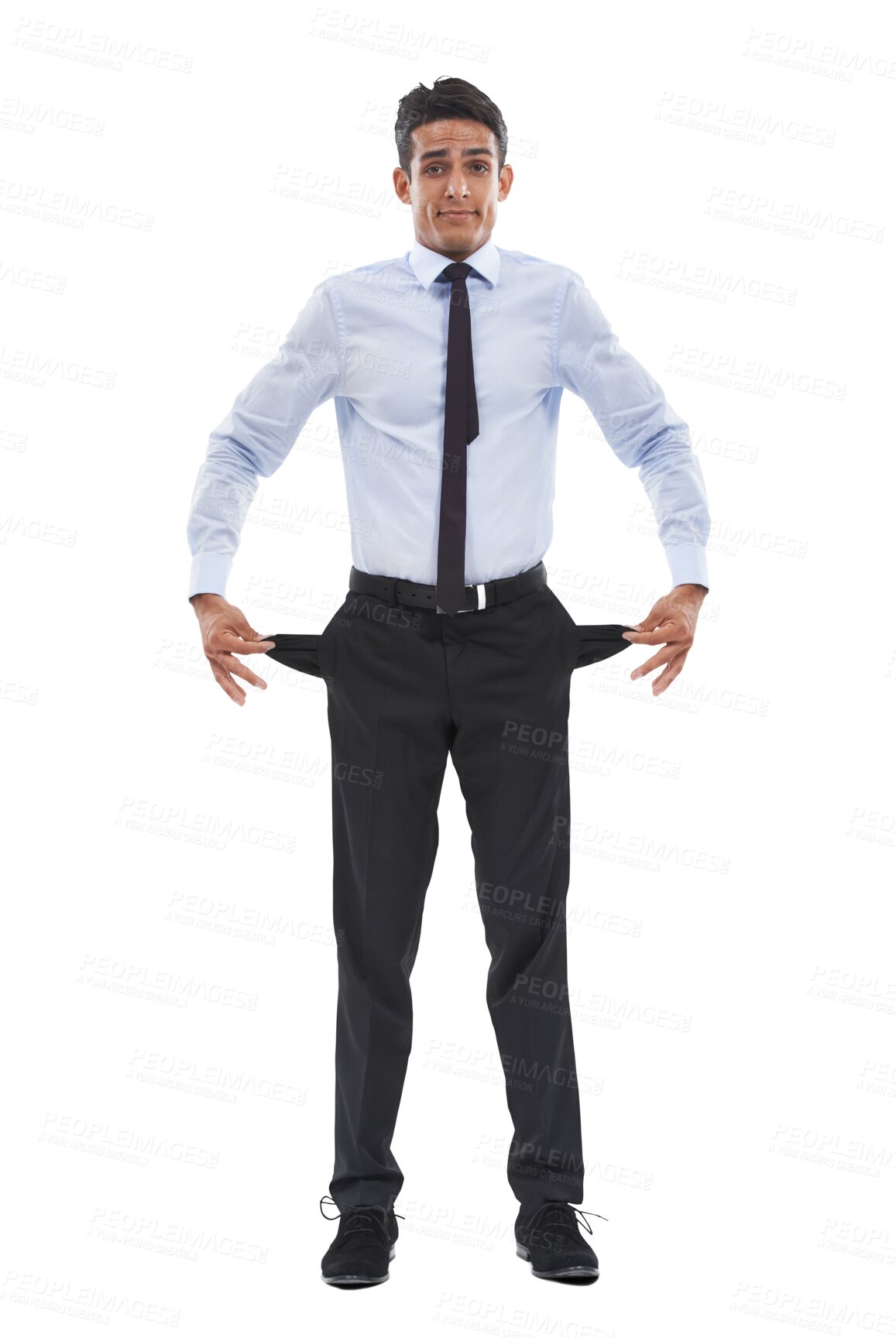 Buy stock photo Man, portrait and empty pockets as poor with debt or financial stress isolated on transparent png background. Unemployed male, sad and economy or bankruptcy in 
fear of stock market crash or failure
