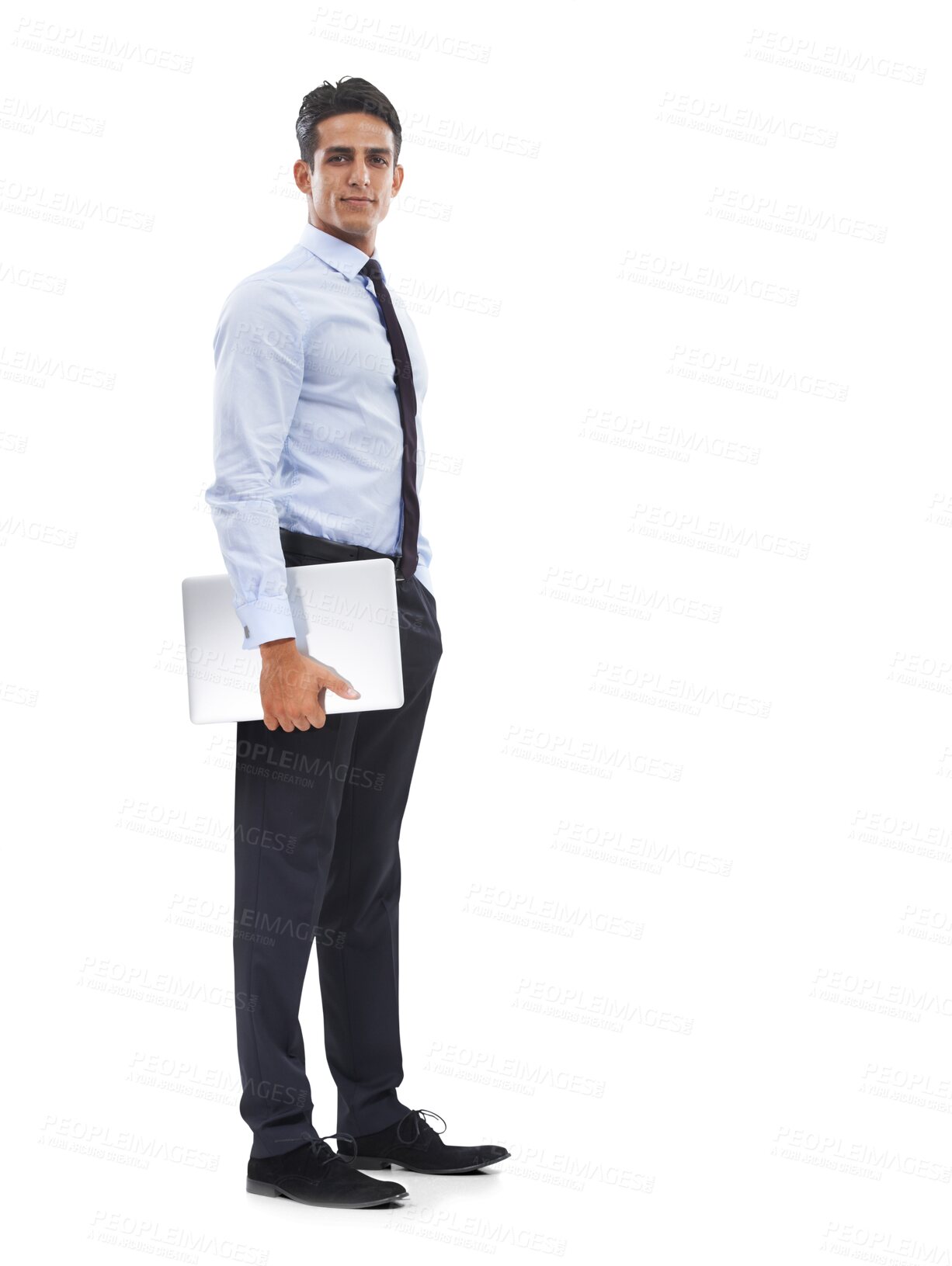 Buy stock photo Business man, portrait and lawyer with laptop, corporate professional at law firm and confidence. Attorney, technology and legal career with pride and expert isolated on png transparent background. 