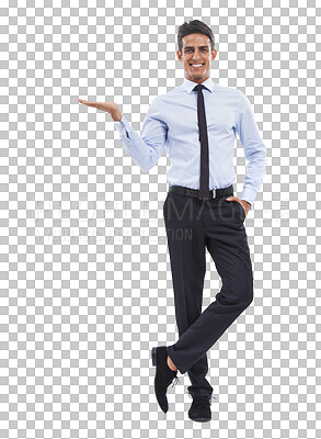 Buy stock photo Portrait, presentation and the palm of a business man isolated on a transparent background for marketing. Smile, hand and offer with a happy young employee on PNG for advertising a brand or logo