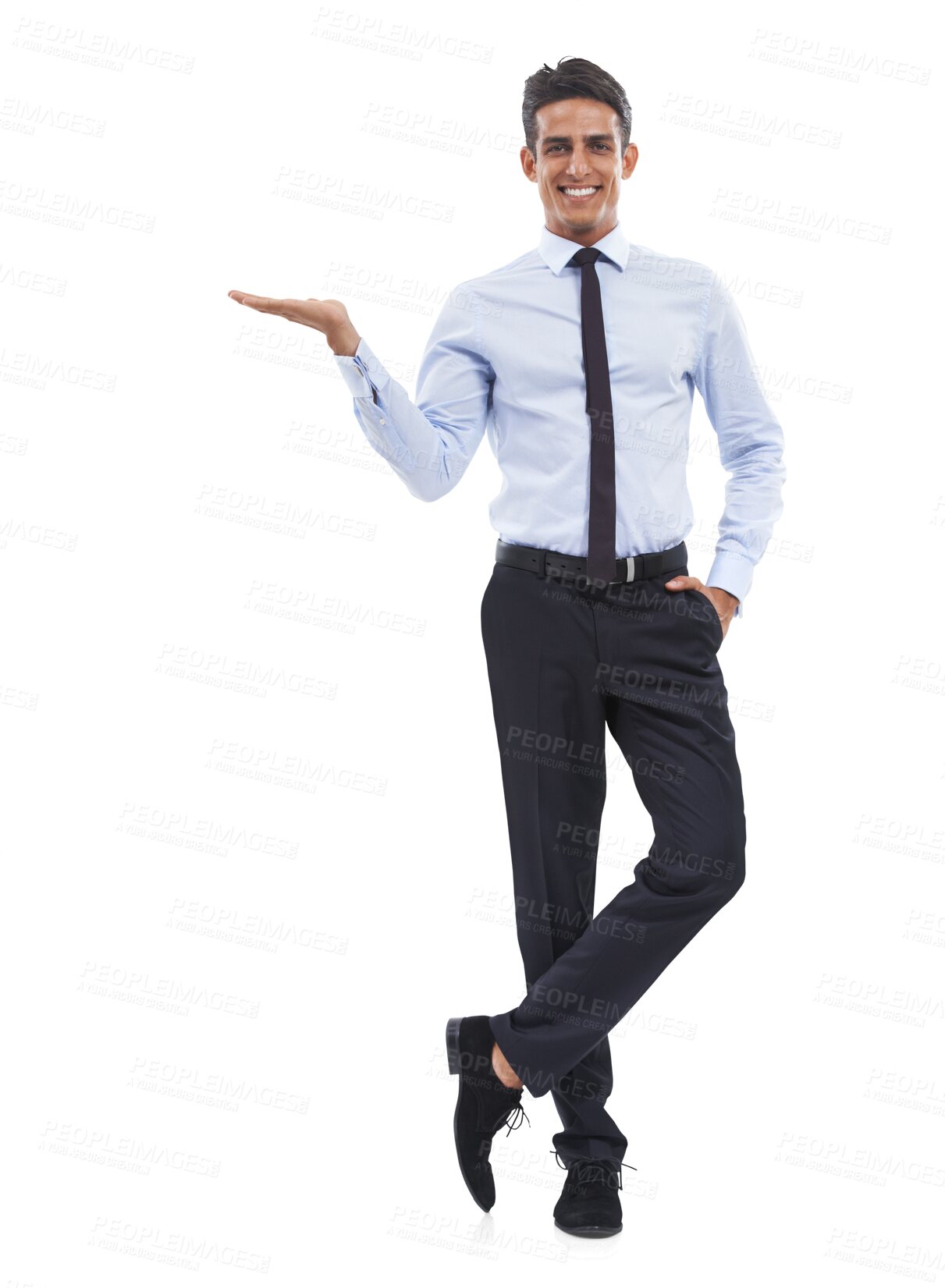 Buy stock photo Portrait, presentation and the palm of a business man isolated on a transparent background for marketing. Smile, hand and offer with a happy young employee on PNG for advertising a brand or logo