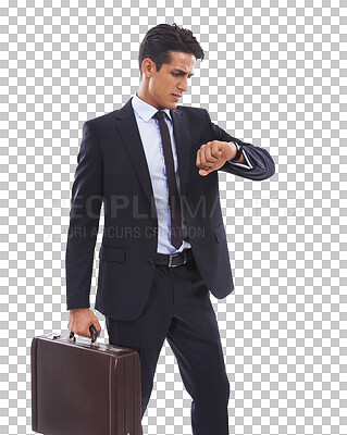 Buy stock photo Work, schedule and businessman check time with watch on wrist with briefcase on transparent, isolated or png background. Professional, man and reading wristwatch, clock and late for business 