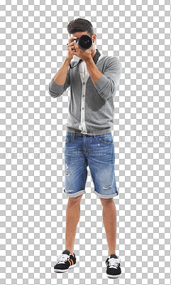 Buy stock photo Photography, art and man with camera, paparazzi taking a picture for creativity isolated on png transparent background. Professional photographer, creative with tech and focus, media and production