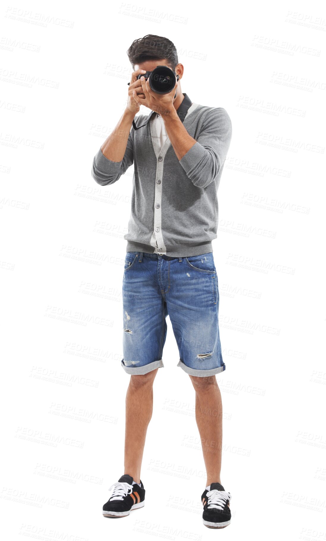 Buy stock photo Photography, art and man with camera, paparazzi taking a picture for creativity isolated on png transparent background. Professional photographer, creative with tech and focus, media and production