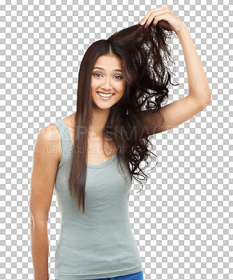 Buy stock photo Portrait, smile and hair with a natural woman on a transparent background for shampoo or aesthetic treatment. Face, beauty or salon haircare with a happy young model on PNG for luxury wellness