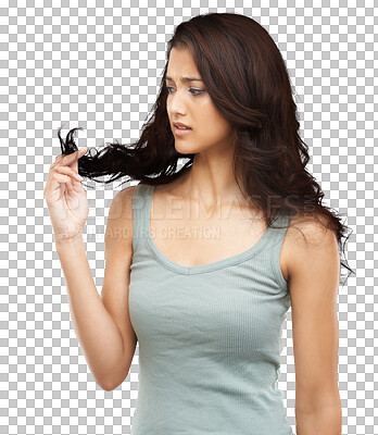 Buy stock photo Hair care, beauty and woman with split ends for frizz, ugly and curly hairstyle for salon treatment. Upset, frustration and young female model with messy hair isolated by a transparent png background