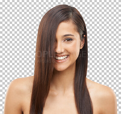 Buy stock photo Portrait, happy and hair with a woman beauty isolated on a transparent background for shampoo or natural treatment. Face, salon and smile for haircare with a confident young model on PNG for wellness