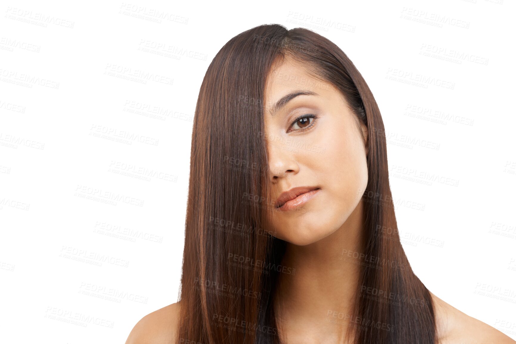 Buy stock photo Portrait, beauty and keratin hair with a woman isolated on a transparent background for shampoo or natural treatment. Face, salon or haircare with a confident young model on PNG for luxury wellness