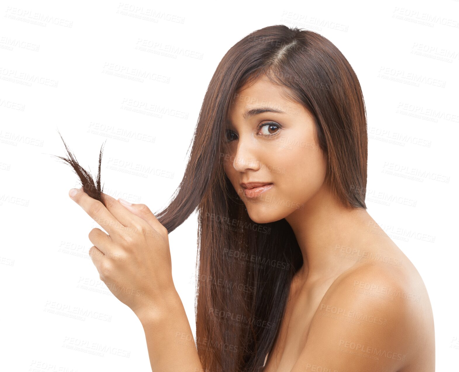 Buy stock photo Hair, split end and portrait of woman in beauty with collagen, keratin or texture on isolated, transparent or png background. Salon, haircare or person with damaged hairstyle from haircut or cosmetic