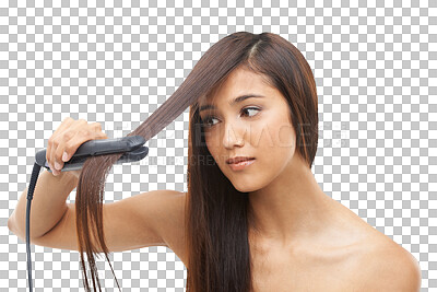 Buy stock photo Woman, beauty and hair straightener by salon with tool for treatment, cosmetics and styling. Female model, face and hand on isolated or a transparent png background for glamour, healthy or trendy