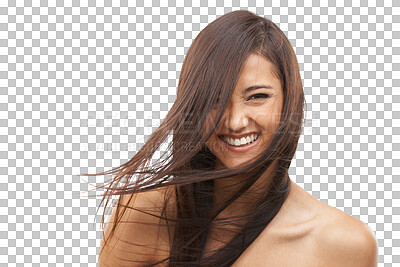 Buy stock photo Hair care, face and happy woman with salon glow for brazilian or keratin treatment in studio isolated on png transparent background. Cosmetics, smile and person for luxury growth product and texture