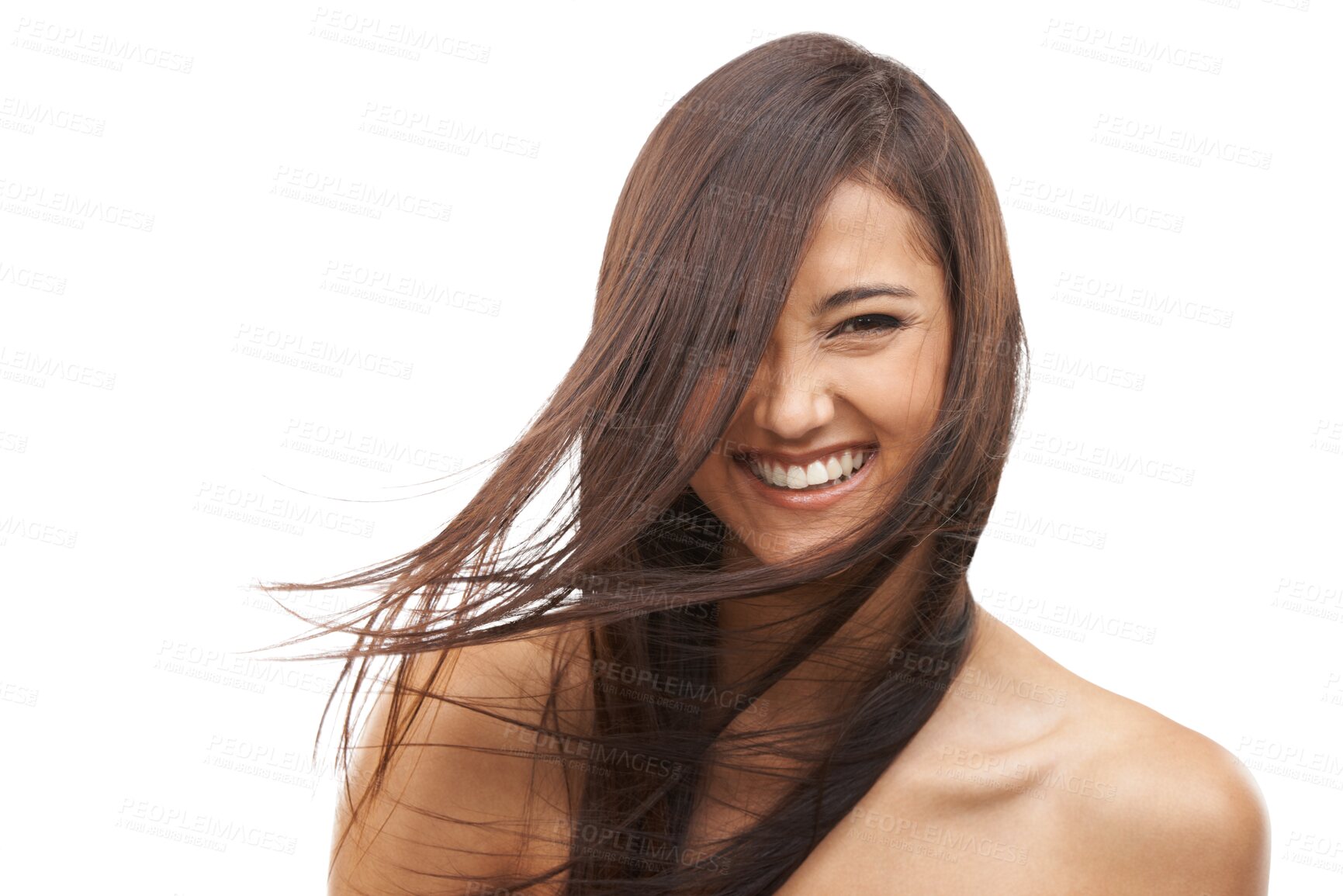 Buy stock photo Hair care, face and happy woman with salon glow for brazilian or keratin treatment in studio isolated on png transparent background. Cosmetics, smile and person for luxury growth product and texture