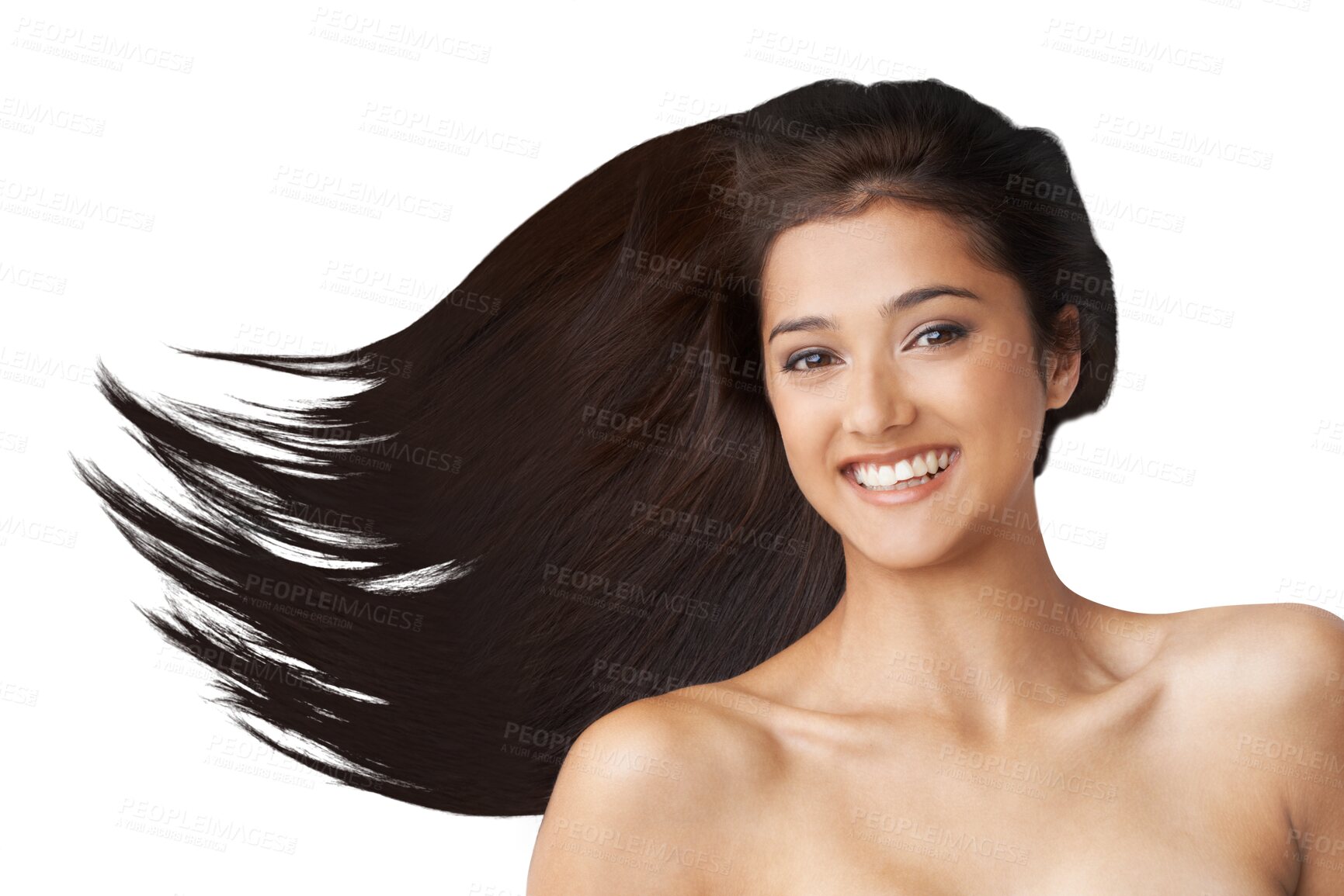 Buy stock photo Hair care, smile and woman with salon glow for brazilian or keratin treatment in studio isolated on png transparent background. Cosmetology, beauty and portrait for luxury growth product and texture