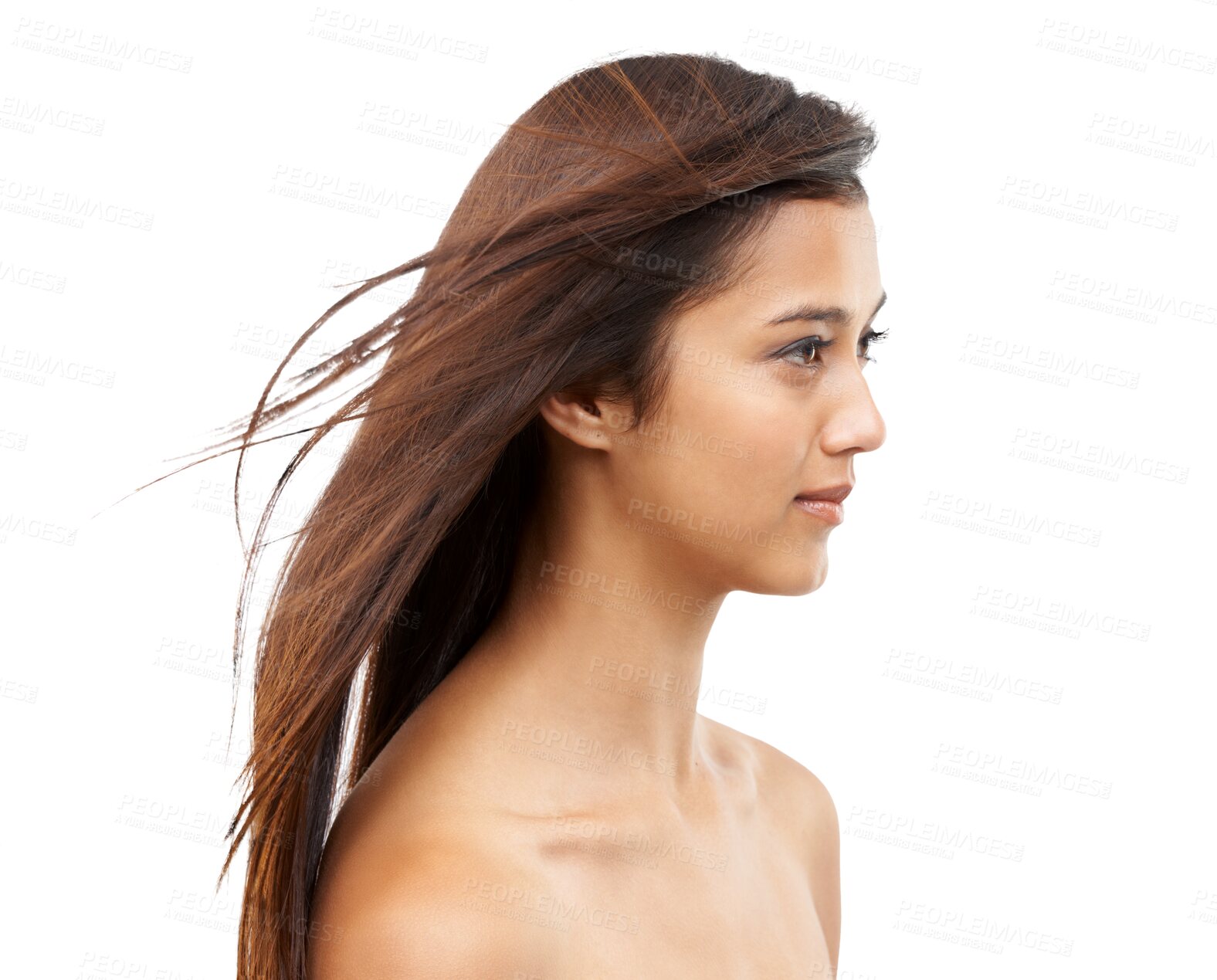 Buy stock photo Woman, face and hair care with salon glow for brazilian or keratin treatment in studio isolated on png transparent background. Cosmetology, beauty and person for luxury growth product and texture