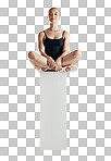 Ballet, dancer and woman sitting on podium with creativity, portrait and sports isolated on transparent png background. Health, skill and fitness with young ballerina, performance and art at academy