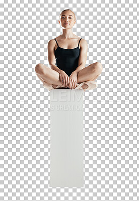 Ballet, dancer and woman sitting on podium with creativity, portrait and sports isolated on transparent png background. Health, skill and fitness with young ballerina, performance and art at academy