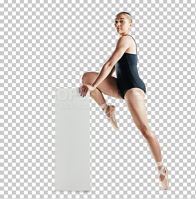 Stretching, ballet and portrait of woman on podium for art performance isolated on transparent png background. Serious ballerina, theatre and creative person training for healthy body or flexibility