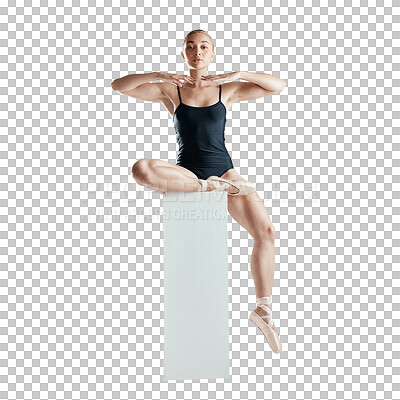 Ballet, dancer and woman in relax on podium for balance, creativity or sports isolated on transparent png background. Portrait of young female ballerina in fitness, performance or arts at academy