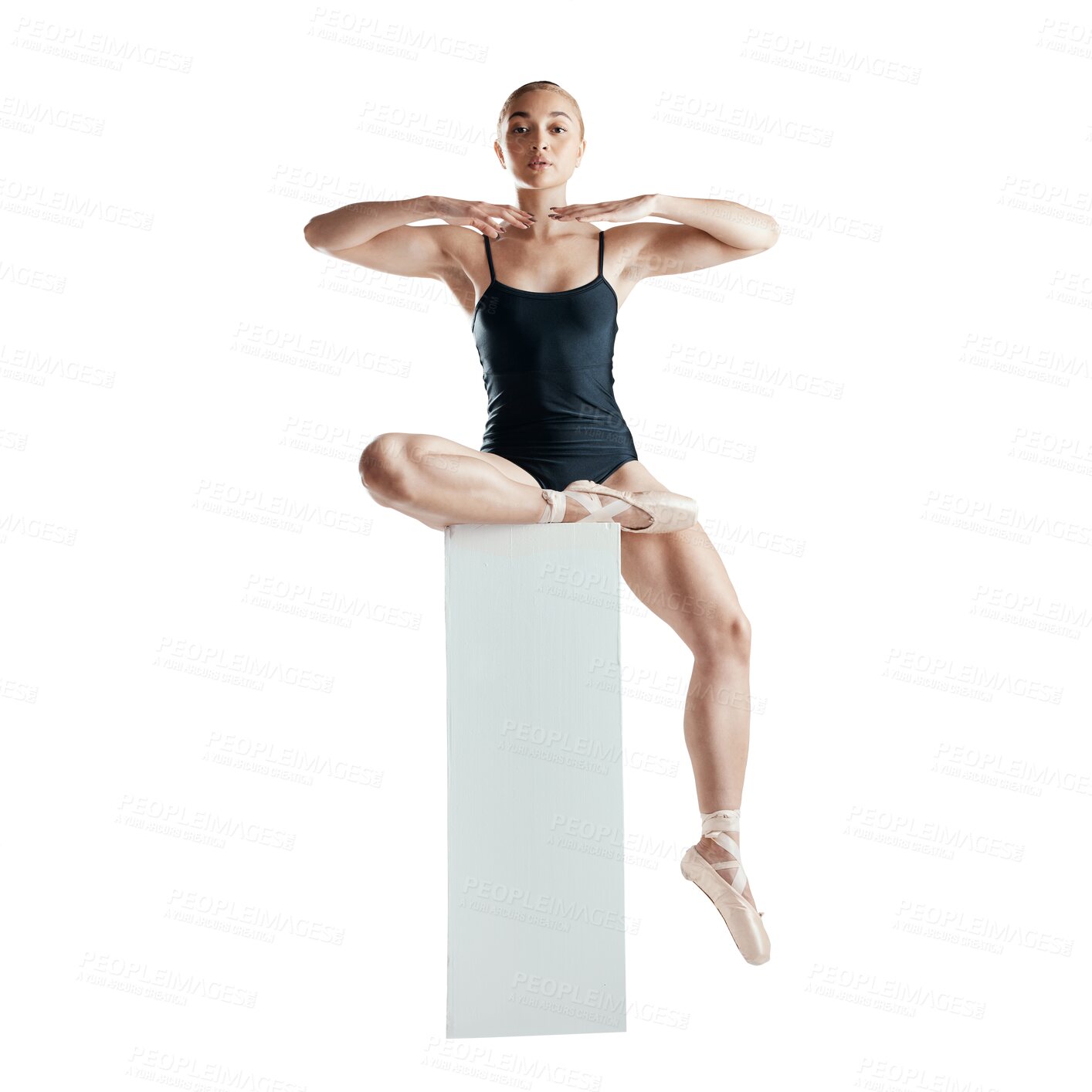 Buy stock photo Ballet, dancer and woman in relax on podium for balance, creativity or sports isolated on transparent png background. Portrait of young female ballerina in fitness, performance or arts at academy