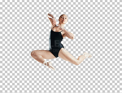 Ballet, dancer and woman with jump for creativity, concert and sports isolated on transparent png background. Health, skill and fitness with young ballerina in the air for performance art at academy