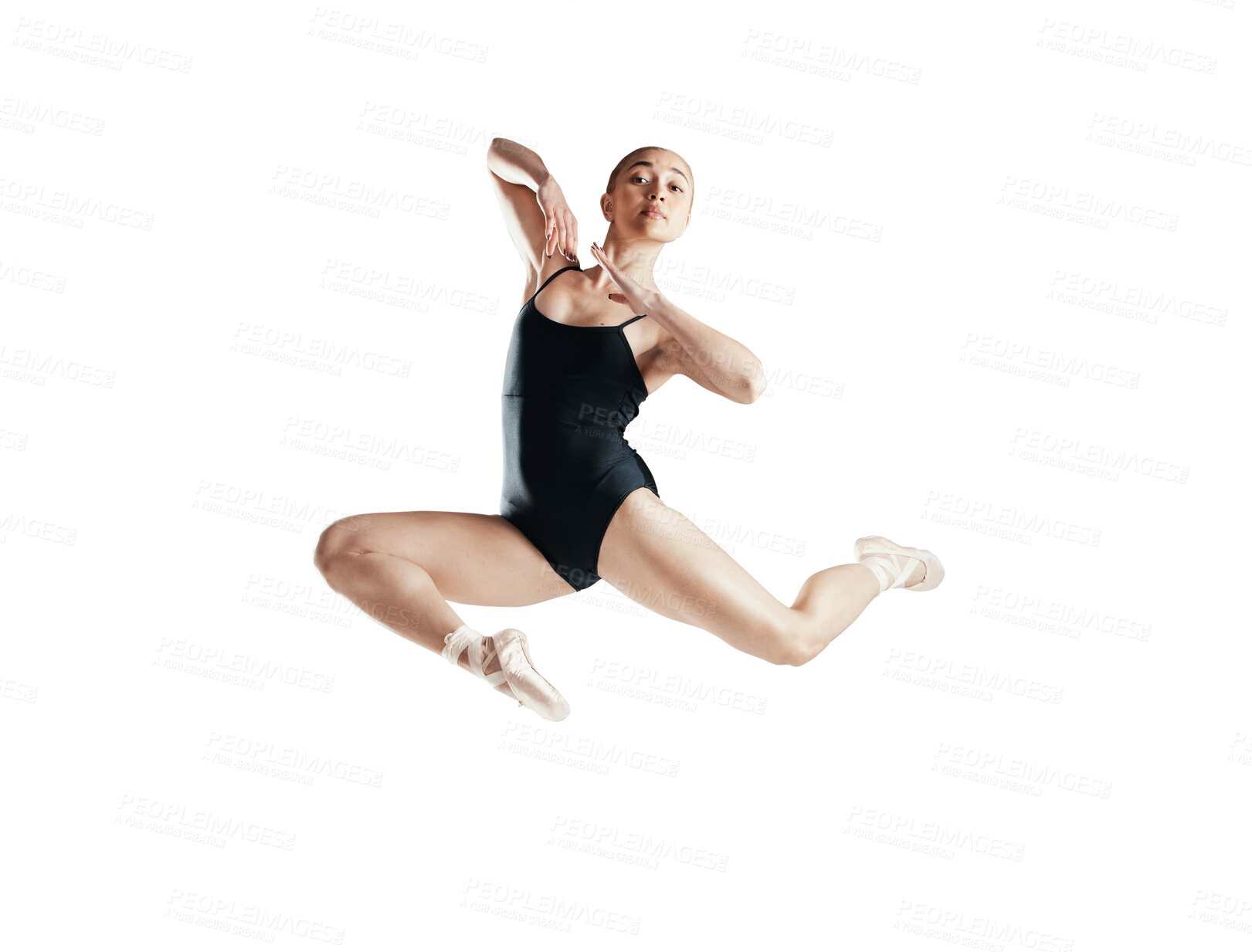 Buy stock photo Ballet, dancer and woman with jump for creativity, concert and sports isolated on transparent png background. Health, skill and fitness with young ballerina in the air for performance art at academy