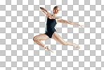 Fitness, jump and ballet, woman isolated on transparent png background with body in flying action in art. Ballerina dancer training in theatre performance, creative dance and balance for show energy.