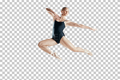 Fitness, jump and ballet, woman isolated on transparent png background with body in flying action in art. Ballerina dancer training in theatre performance, creative dance and balance for show energy.