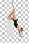 Arms, workout and dancer with fitness for ballet, performance or body on isolated, transparent or png background. Ballerina, pose and pushup on podium or balance in exercise for muscle strength