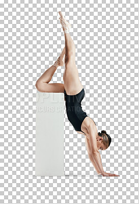 Arms, workout and dancer with fitness for ballet, performance or body on isolated, transparent or png background. Ballerina, pose and pushup on podium or balance in exercise for muscle strength