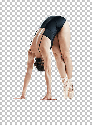 Body, bending and ballet, woman isolated on transparent png background and professional stretching. Ballerina dancer training in theatre performance, creative dance art and balance for fitness energy
