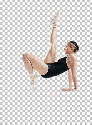 Stretching, balance and ballet, woman isolated on transparent png background in body kick or flexible legs. Ballerina dancer training in theatre performance, creative dance and art of fitness energy.