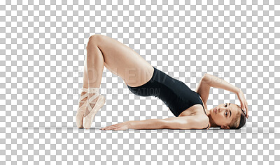 Floor, portrait and ballet, dancer isolated on transparent png background, body stretching on ground. Ballerina woman training in theatre performance, creative dance and balance in fitness energy.
