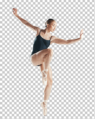 Creative dance, ballet and woman isolated on transparent png background with flexible body. Ballerina dancer training in theatre performance art, commitment and balance with energy in fitness show.